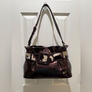 Beijo Brown Patent Leather Shoulder Bag with Faux Cow Fur on Belt